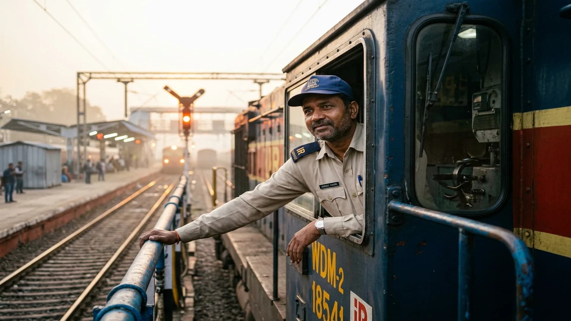 Indian Railways loco pilot in uniform leaning out of diesel locomotive cab window at dawn with glowing platform signals