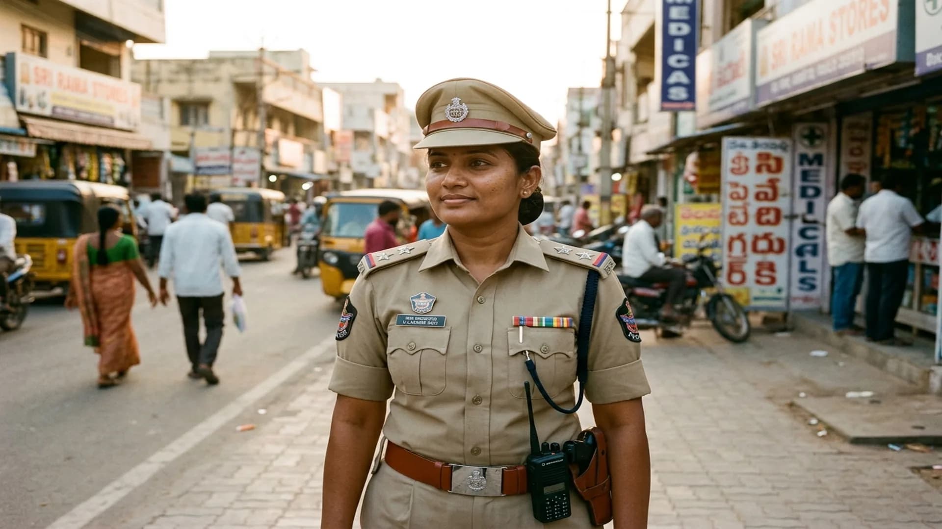 Andhra Pradesh woman sub-inspector in crisp khaki uniform with peaked cap on bustling city street at golden hour